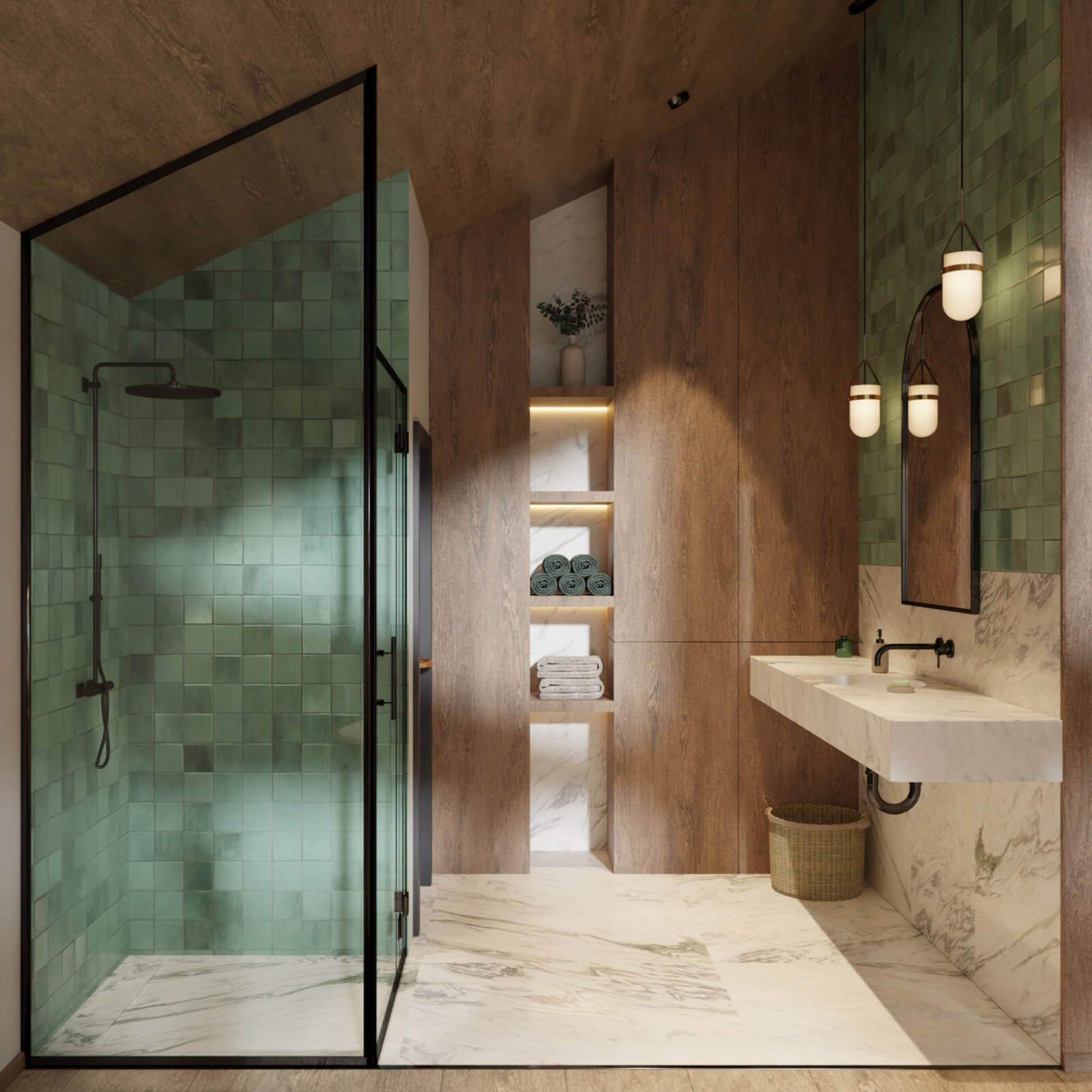 Zöld és barna fürdőszoba látványterv márvánnyal