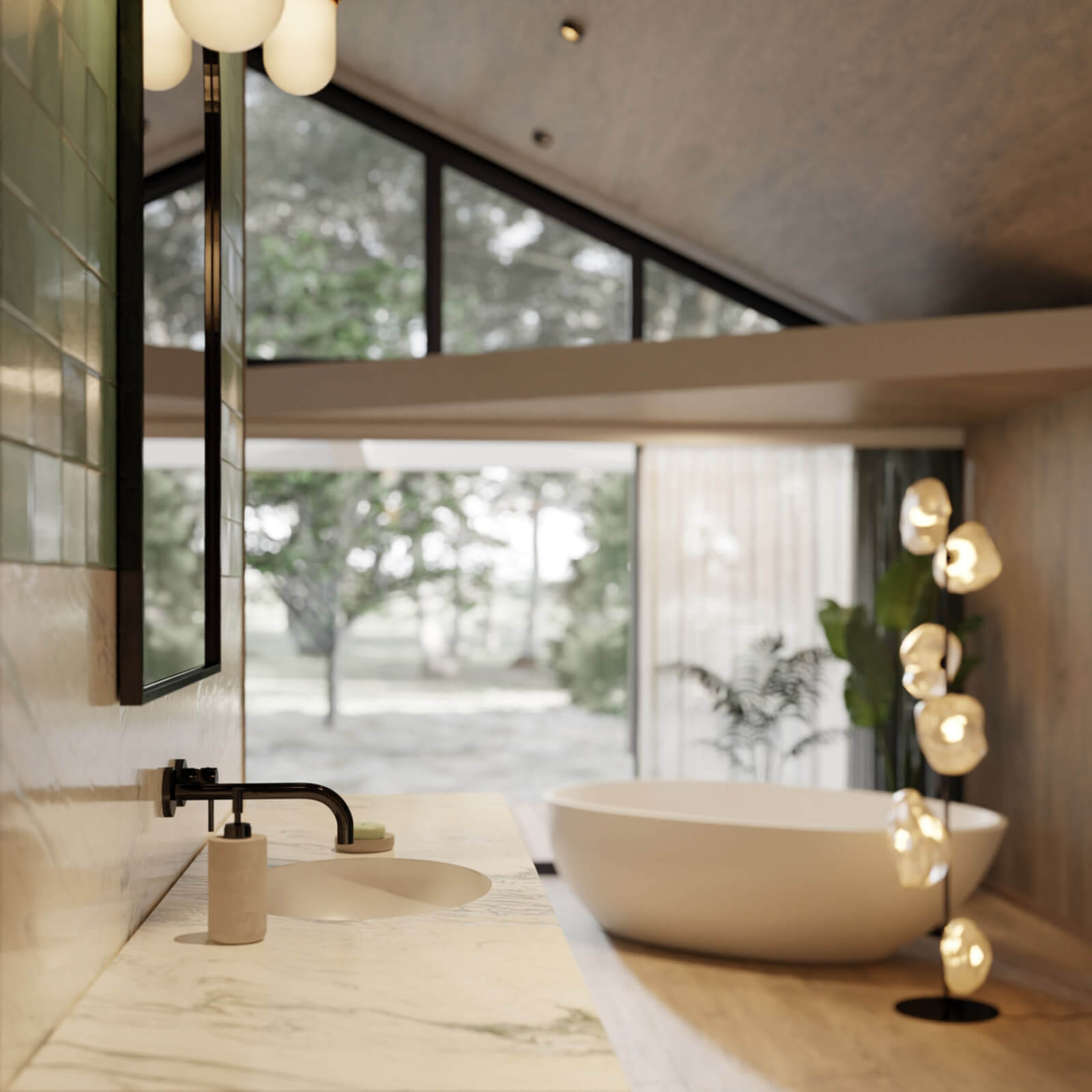 Nyaraló nappali látványterv a háttérben káddal és designer lámpával a fókuszban pedig a fürdőszoba mosdó