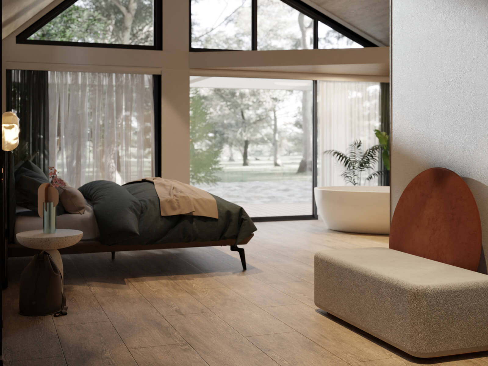 Erdei nyaraló belső 3D látványterve kanapéval és ággyal a háttérben pedig erdő látható