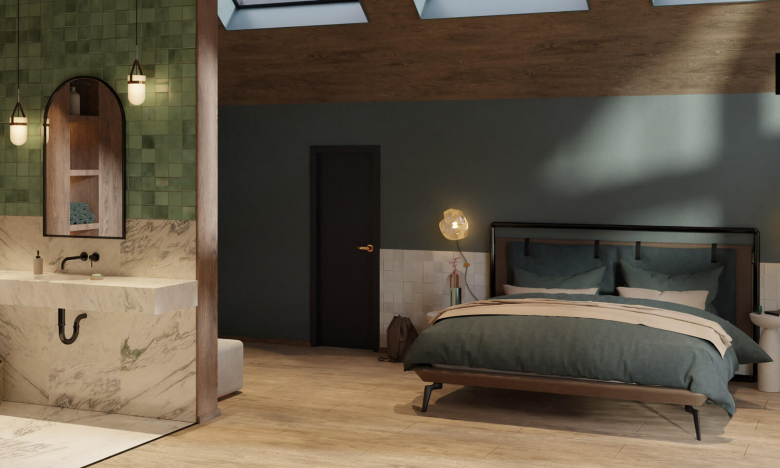 Háló és fürdőszoba 3D látványterv egyben, ahol látható az ágy és a mosdó is