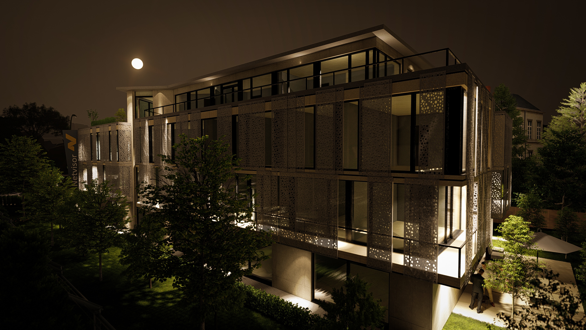 Építészeti külső látványtervezés - élethű esti kép a cég épületről