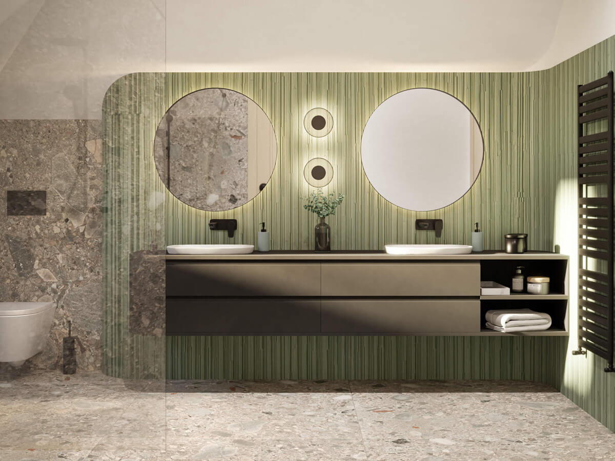 Fürdőszoba belsőépítészeti látványterv kör alakú tükörrel és lámpával zöld színben, sötét szaniterekkel