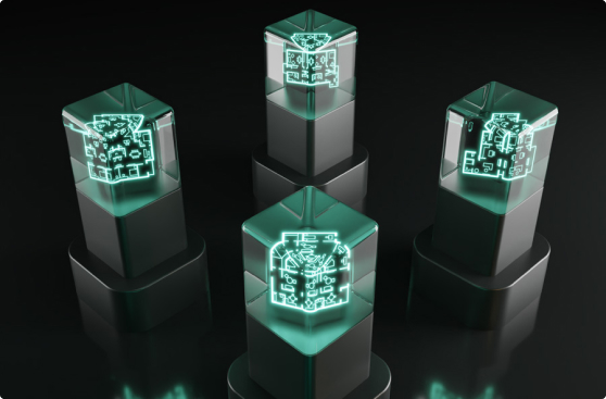 3D tech és sci-fi grafika neon zöld világítás sötét háttérben