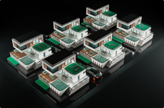 3D low poly kertes házak - medencével és tetőterasszal sötét háttéren