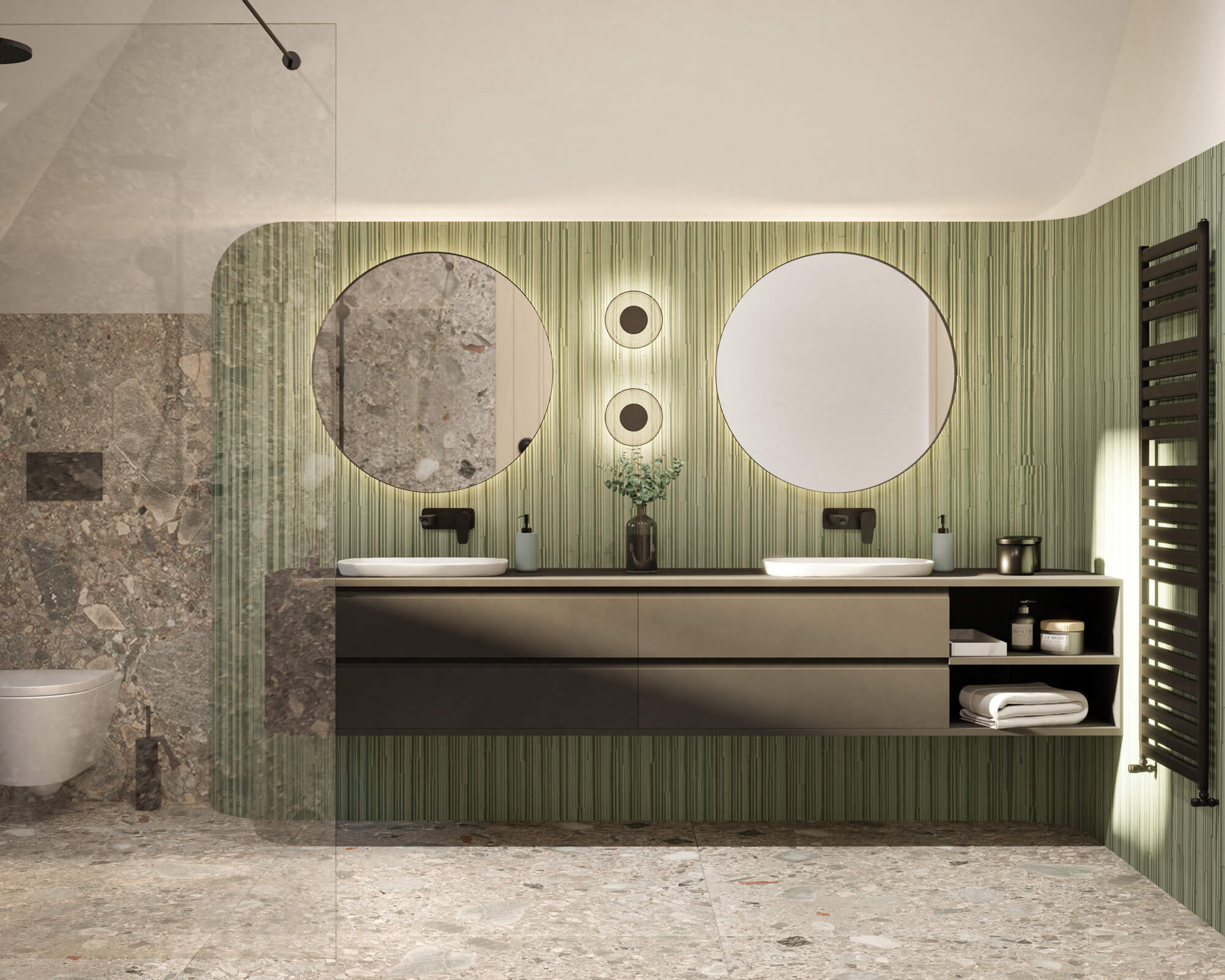 Fürdőszoba 3D látványterv zöld színben és kör alakú tükrökkel sötét szeniterekkel