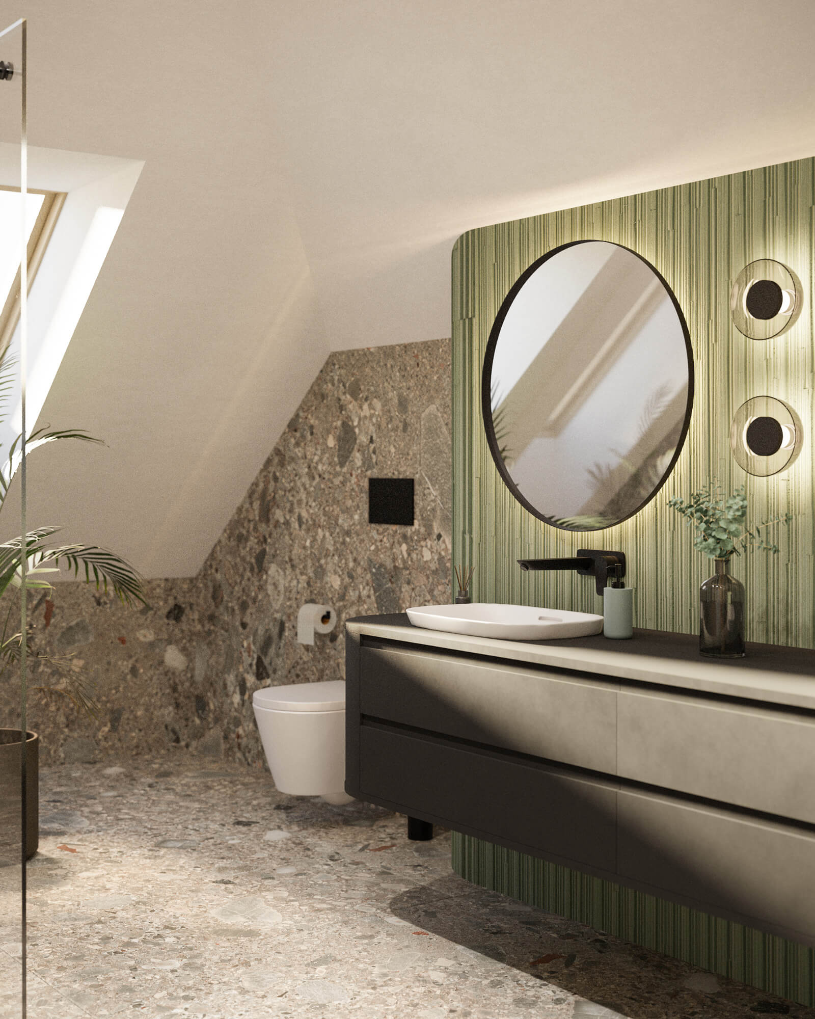 Fürdőszoba belsőépítészeti látványterv zöld színben