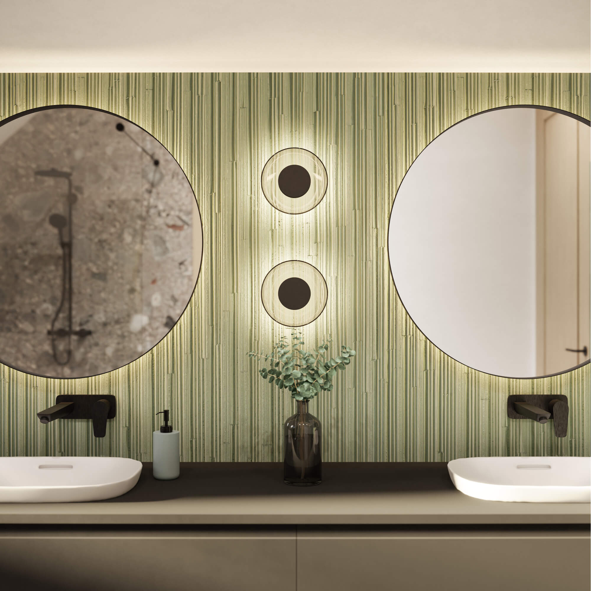 Fürdőszoba látványterv kör alakú tükörrel és lámpával zöld színben, sötét szaniterekkel