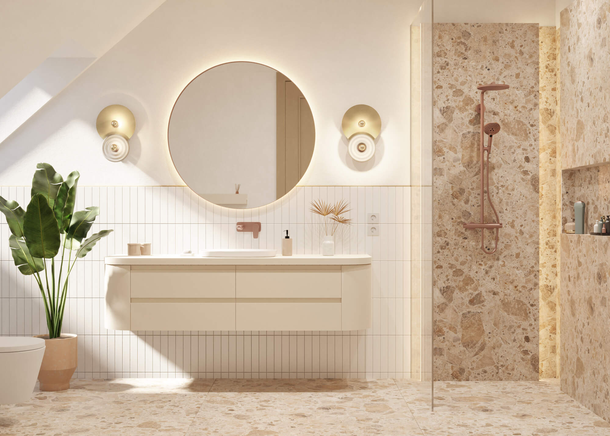 Fürdőszoba belsőépítészeti látványterv zuhanyzóval, kör alakú lámpákkal krém és bézs színben