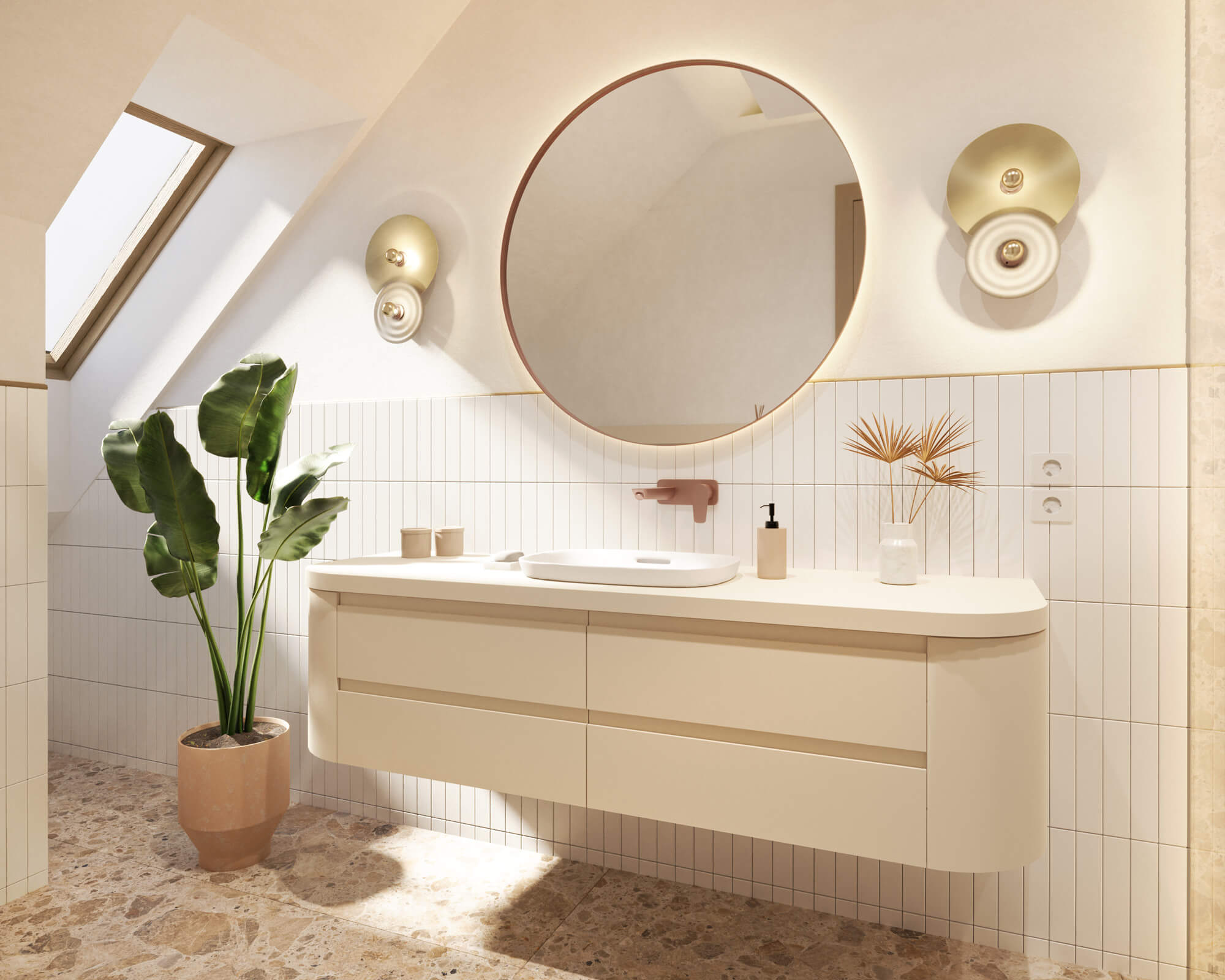 Fürdőszoba belsőépítészeti látványterv krém színben