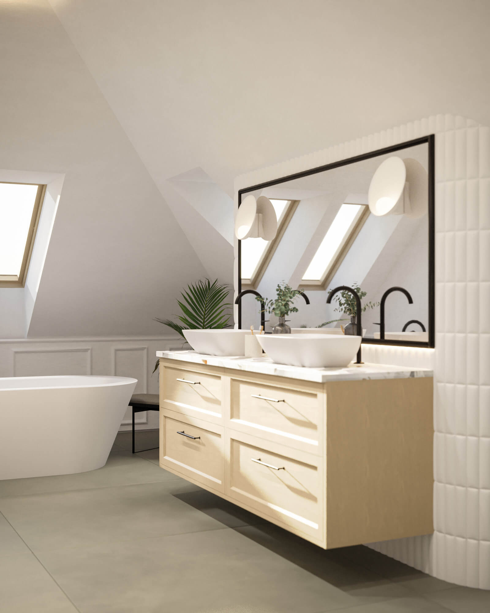 Tetőtéri 3D fürdőszoba látványterv nagy négyzetes tükörrel és káddal