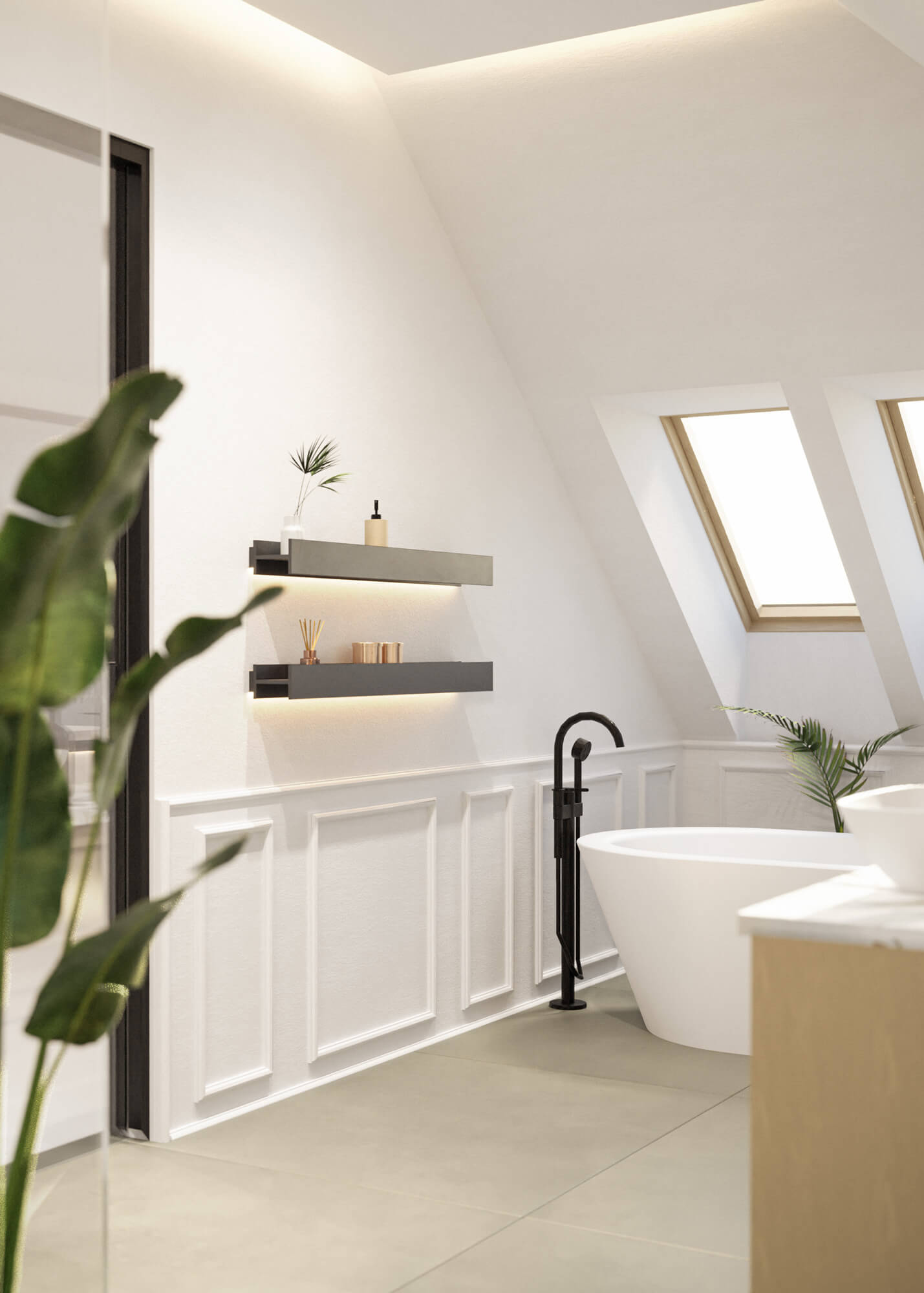 Belsőépítészeti fürdőszoba látványterv sötét designer polcokkal és fali díszlécekkel