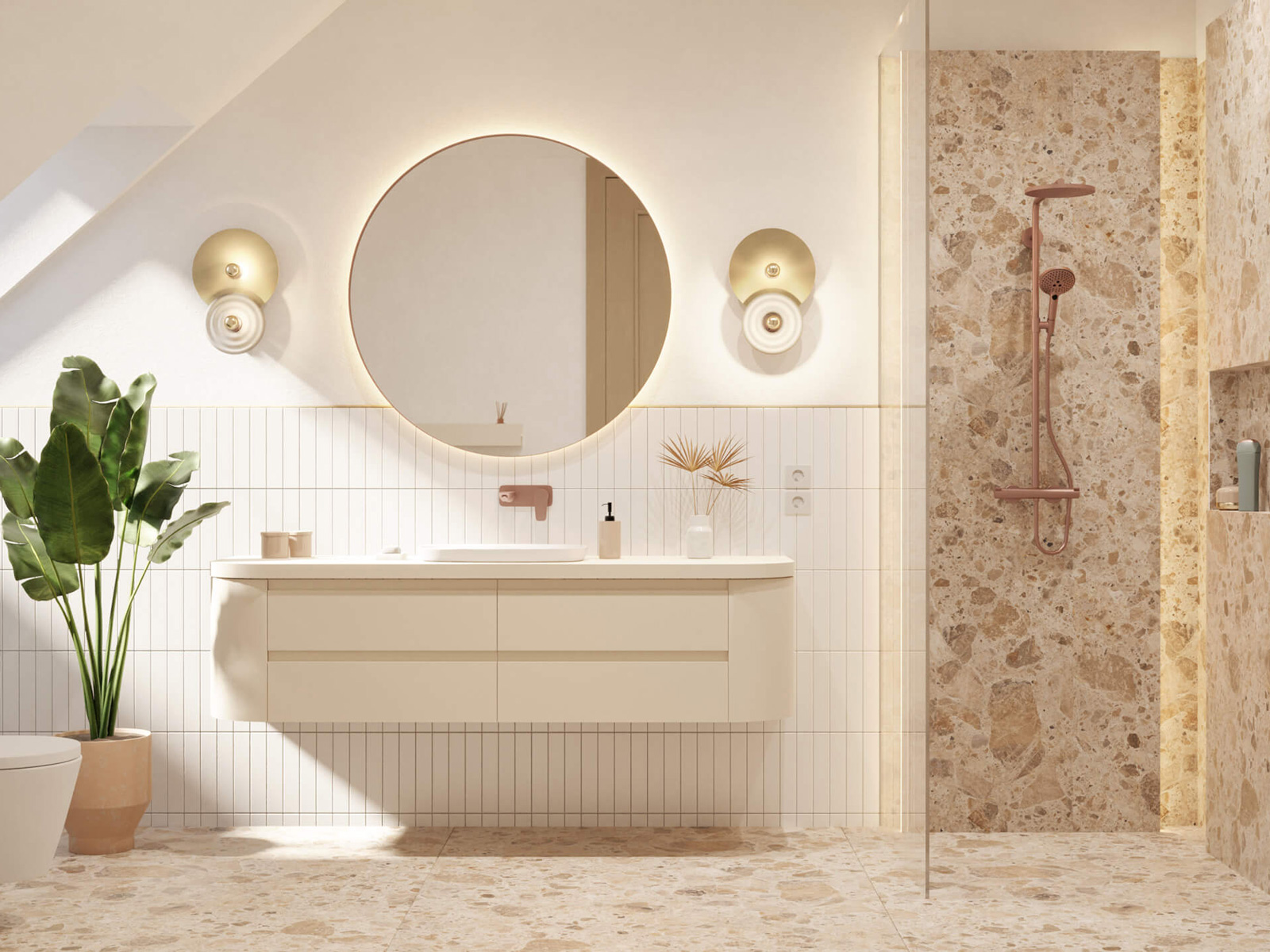 Fürdőszoba belsőépítészeti látványterv krém és bézs színben zuhanyzóval és kör alakú tükörrel